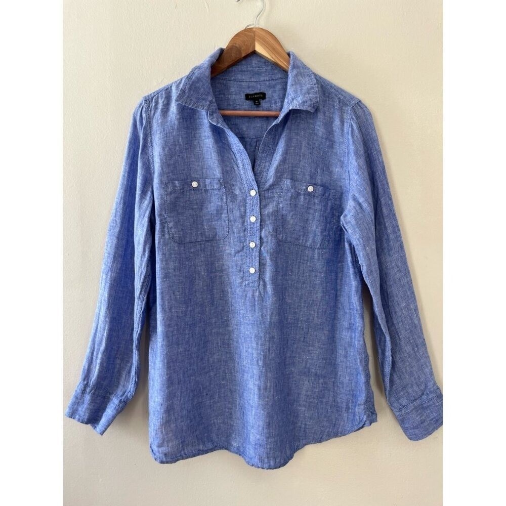 Talbots Sz M Linen Camp Shirt Cross Dyed Popover V Neck Front Pockets